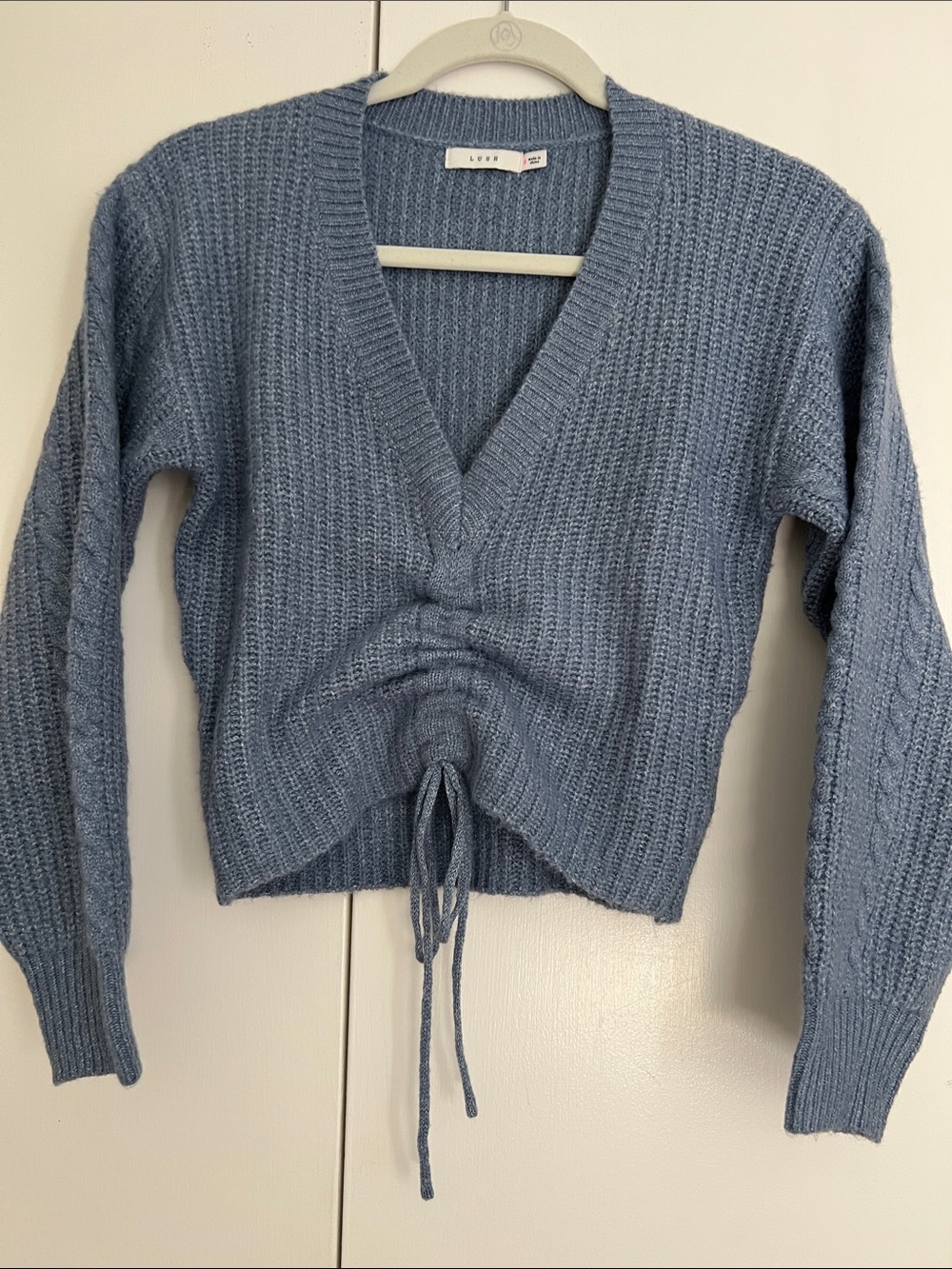 Lush Dusty Blue V-Neck Tie-Front Sweater size S